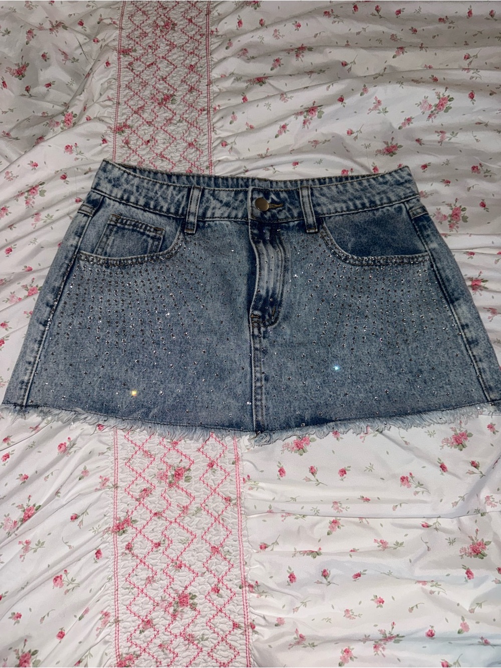 Windsor Light Blue Denim Mini Skirt with Rhinestone Accents